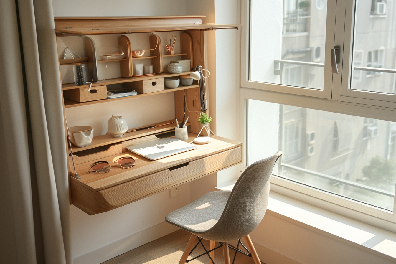 Solution intelligente pour aménager un coin bureau fonctionnel dans un petit appartement, montrant un espace de travail optimisé et élégant